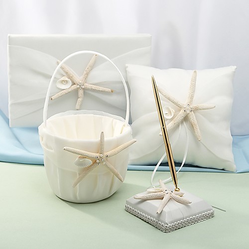 

Wedding Guest Book / Pen Set / Ring Pillow Ring Pillows / Sets 53 Starfish and Seashell Satin