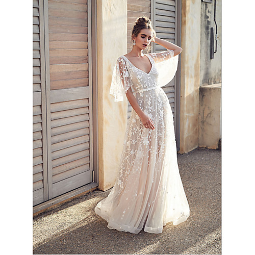 

Women Holiday Maxi Slim Swing Dress With Tail Open Back Butterfly Sleeve Floral Lace V Neck Robe Femme Vestidos White Lace Dresses