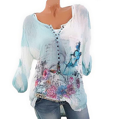 

Women's Plus Size Floral Print Blouse Casual Chinoiserie Daily Blue