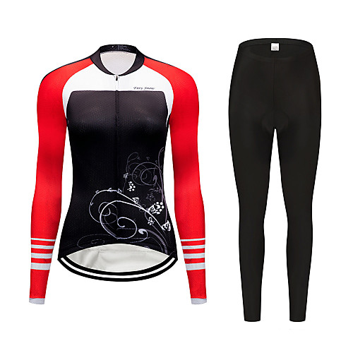 

FirtySnow Women's Long Sleeve Cycling Jersey with Tights Black / Red Floral Botanical Bike Clothing Suit Thermal / Warm Windproof Fleece Lining Winter Sports Polyester Floral Botanical Mountain Bike