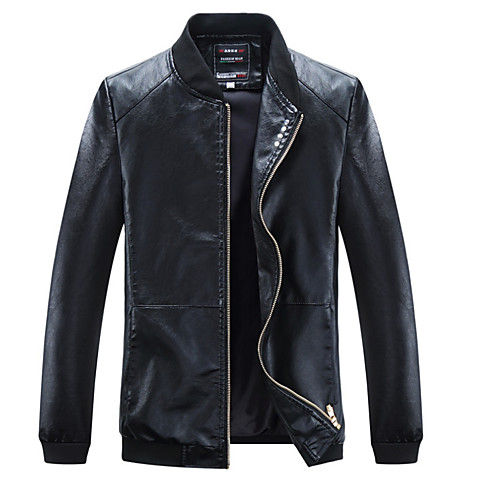 

Men's Daily Basic Fall Plus Size Regular Leather Jacket, Solid Colored Stand Long Sleeve PU Black / Wine / Blue