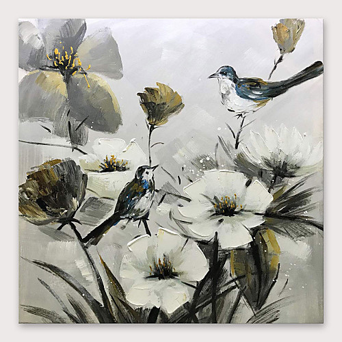 

Oil Painting Hand Painted Square Floral / Botanical Modern Stretched Canvas