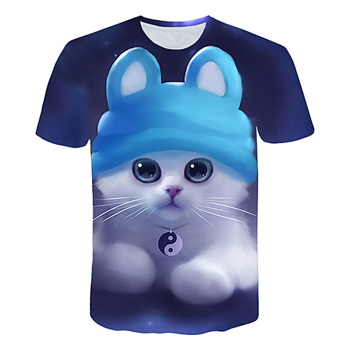 

Men's 3D Graphic Cat Print T-shirt Basic Street chic Daily Weekend Round Neck Royal Blue / Short Sleeve / Animal