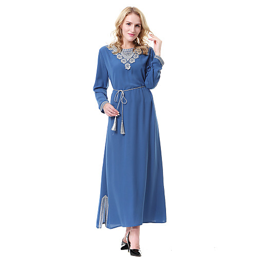 

Women's Abaya Midi Dress Black Blue Fuchsia Long Sleeve Solid Colored Split Fall Spring Round Neck Vintage S M L XL XXL 3XL