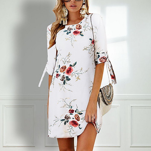 

Women's Mini Chiffon Dress - Half Sleeve Floral Flower Bow Print Summer Spring & Summer Casual Holiday 2020 White Red Khaki Royal Blue Gray S M L XL XXL
