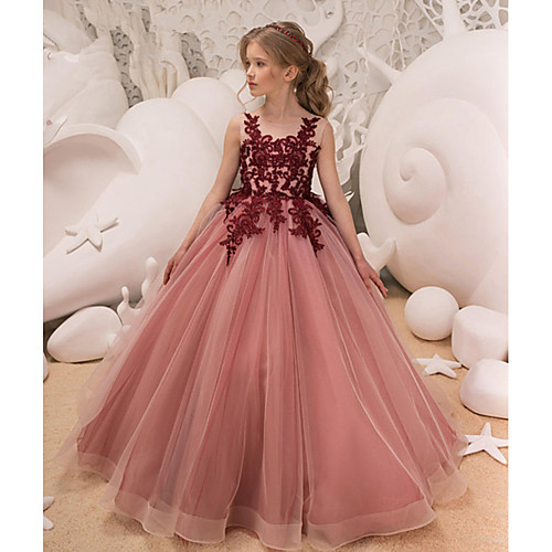 

Ball Gown Floor Length Party / Wedding Flower Girl Dresses - Tulle Sleeveless Jewel Neck with Bow(s) / Appliques