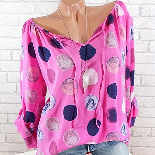 

Women's Daily Street chic Plus Size Blouse - Polka Dot / Tribal Deep V Fuchsia XXXL