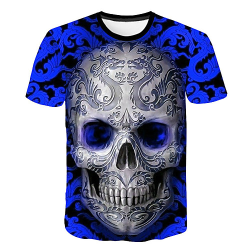 

Men's Graphic Skull Print T-shirt Basic Street chic Daily Club Round Neck Blue / Red / Short Sleeve