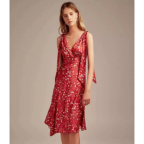 

Women's Strap Dress Knee Length Dress Red Sleeveless Floral Print S M L