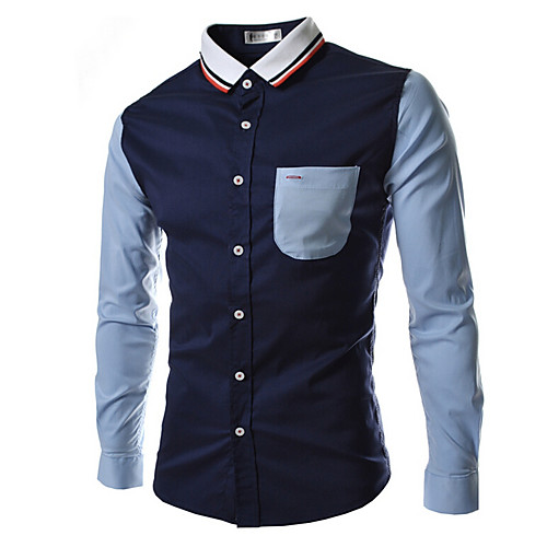 

Men's Color Block Patchwork Shirt - Cotton Basic Daily Holiday Work Classic Collar White / Navy Blue / Summer / Long Sleeve