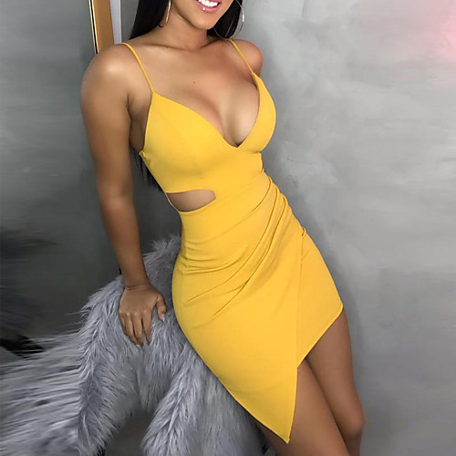

Women's Mini Bodycon Dress - Sleeveless Solid Colored Deep V Basic Slim Black Blue Yellow Fuchsia S M L XL