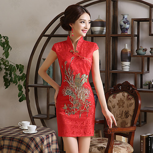 

Adults' Women's Designed in China Chinese Style Wasp-Waisted Chinese Style Cheongsam Qipao For Performance Engagement Party Bridal Shower Cotton Above Knee Cheongsam