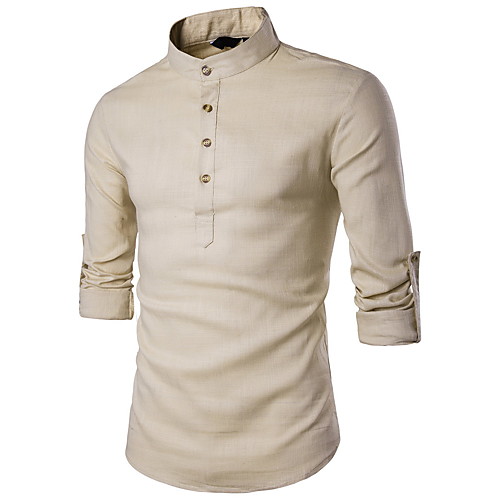

Men's Solid Colored Shirt - Linen Standing Collar White / Black / Red / Khaki / Navy Blue / Light Blue / Long Sleeve