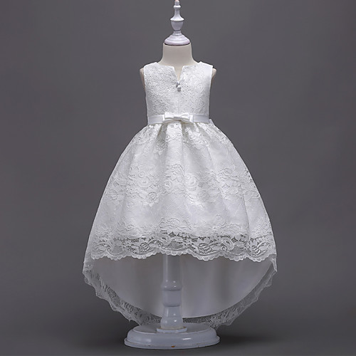 

Princess Asymmetrical Wedding / First Communion Flower Girl Dresses - Lace / Satin / Tulle Sleeveless V Wire with Lace / Belt / Bow(s)