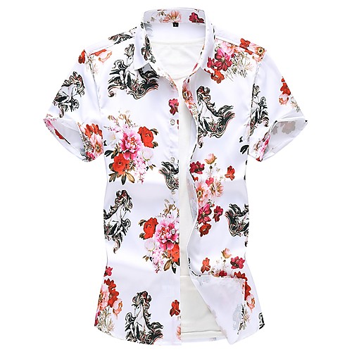 

Men's Plus Size Floral Shirt - Cotton White / Short Sleeve