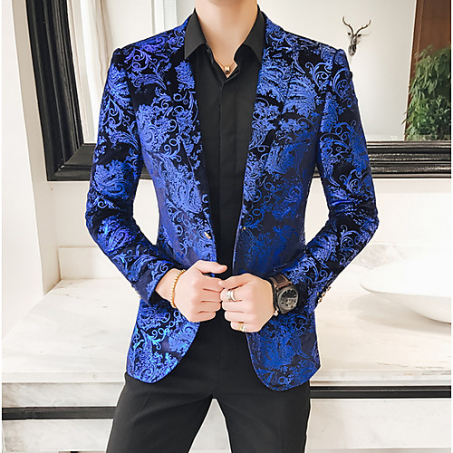 

Men's Blazer, Floral Notch Lapel Polyester Blue