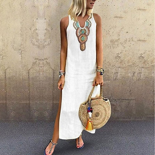 

Women's Plus Size Maxi long Dress - Sleeveless Tribal Split Print Summer V Neck Casual Boho Holiday Vacation Beach 2020 White S M L XL XXL XXXL XXXXL XXXXXL
