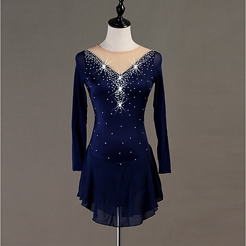 

Figure Skating Dress Women's Girls' Ice Skating Dress Dark Navy Spandex Stretch Yarn Skating Wear Quick Dry Anatomic Design Handmade Classic Long Sleeve Ice Skating Figure Skating