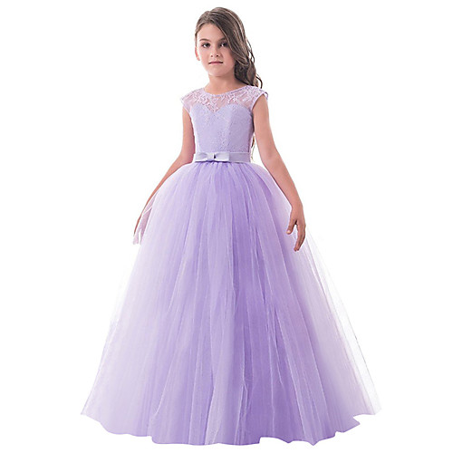 

Princess Long Length Party / Birthday / Pageant Flower Girl Dresses - Lace / Tulle Sleeveless Jewel Neck with Lace / Bow(s)