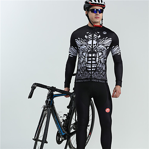 

BOESTALK Men's Long Sleeve Cycling Jersey with Bib Tights Winter Fleece Black Skull Floral Botanical Bike Thermal / Warm Fleece Lining Breathable Sports Skull Mountain Bike MTB Road Bike Cycling
