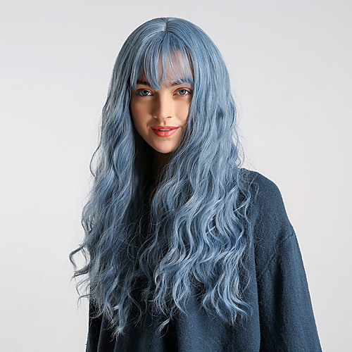 

Synthetic Wig Body Wave With Bangs Wig Long Purple / Blue Black / Sapphire Blue Synthetic Hair 24 inch Women's Elastic Synthetic Easy dressing Blue HAIR CUBE / Ombre Hair / Natural Hairline
