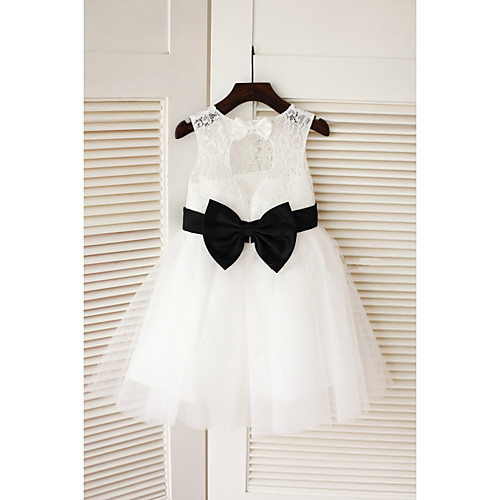 

A-Line Tea Length Wedding / First Communion Flower Girl Dresses - Lace / Satin / Tulle Sleeveless Jewel Neck with Belt