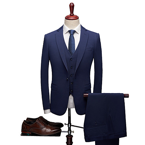 

Deep Blue Solid Colored Tailored Fit Polyester Suit - Notch Single Breasted One-button / Suits