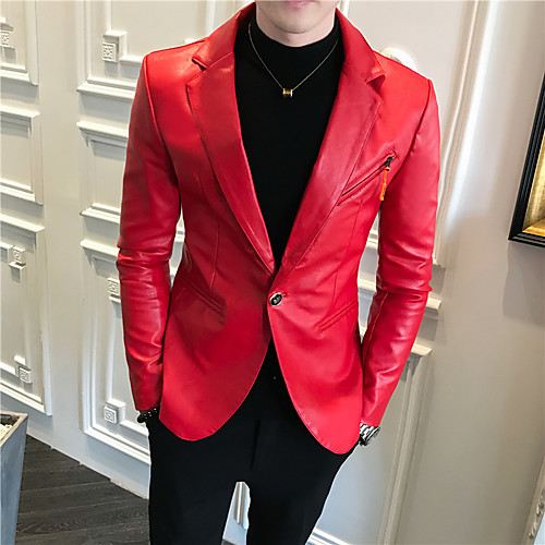 

White / Black / Red Solid Colored Regular Fit PU Men's Suit - Peaked Lapel