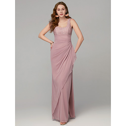 

Sheath / Column Elegant Formal Evening Wedding Party Dress U Neck Sleeveless Floor Length Mesh Lace with Ruffles Split Front 2021