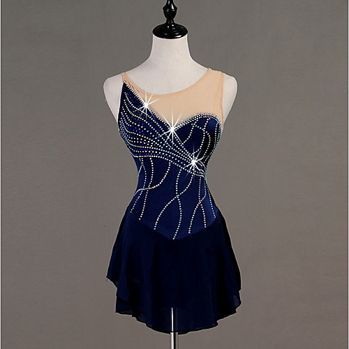 

Figure Skating Dress Women's Girls' Ice Skating Dress Dark Navy Spandex Stretch Yarn Skating Wear Quick Dry Anatomic Design Handmade Classic Sleeveless Ice Skating Figure Skating