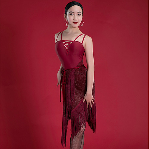 

Latin Dance Dress Tassel Ruching Women's Performance Sleeveless Spandex