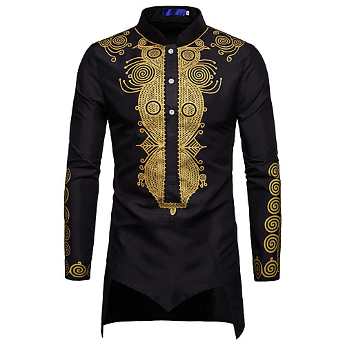 

Men's Tribal Jacquard Print Shirt - Cotton Standing Collar Wine / White / Black / Long Sleeve