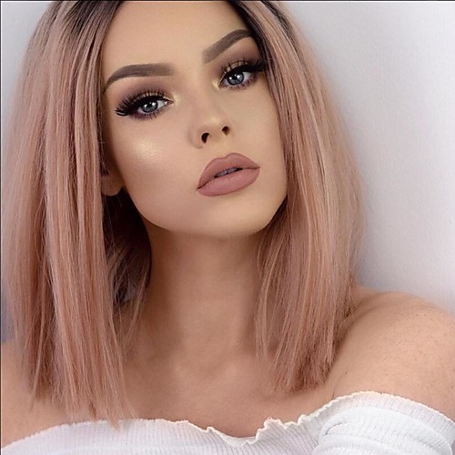 

Synthetic Lace Front Wig Natural Straight Kardashian Layered Haircut Lace Front Wig Pink Short Black / Pink Synthetic Hair 12 inch Women's Women Pink Sylvia