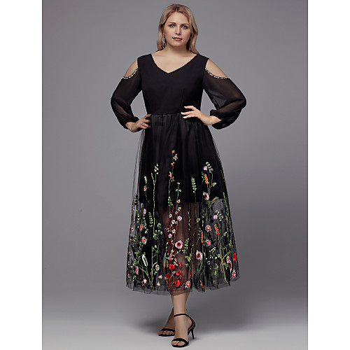 

A-Line Plus Size Black Holiday Cocktail Party Dress V Neck 3/4 Length Sleeve Tea Length Tulle with Beading Appliques 2020