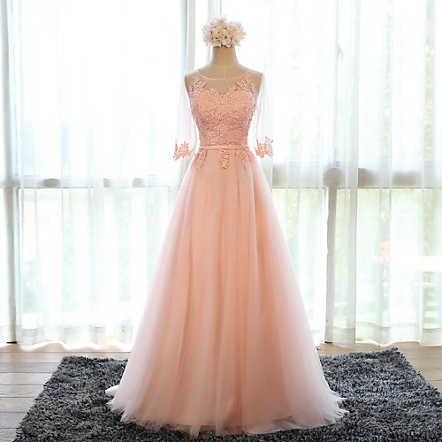 

A-Line Floral Pink Prom Formal Evening Dress Illusion Neck Half Sleeve Sweep / Brush Train Tulle with Appliques 2020
