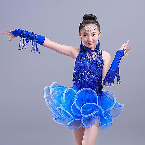 

Latin Dance Kids' Dancewear Dress Tassel Cascading Ruffles Paillette Girls' Training Performance Sleeveless Mesh Polyester