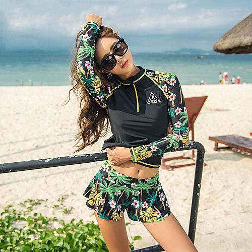 

SANQI Women's Rashguard Swimsuit Neoprene Swimwear Breathable Quick Dry Long Sleeve Front Zip - Swimming Water Sports Plants Summer