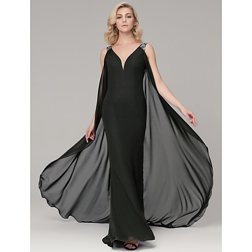 

Sheath / Column Chic & Modern Formal Evening Dress V Neck Sleeveless Sweep / Brush Train Chiffon with Sash / Ribbon 2021