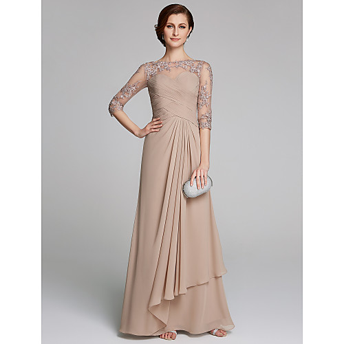 

A-Line Mother of the Bride Dress Sparkle & Shine Boat Neck Floor Length Chiffon Lace 3/4 Length Sleeve with Crystals Appliques 2021