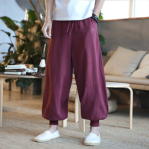 

Men's Woven Pants Bottoms Harem Beam Foot Drawstring Linen Fitness Gym Workout Lightweight Breathable Quick Dry Plus Size Sport Solid Colored Black Burgundy Ivory / Micro-elastic