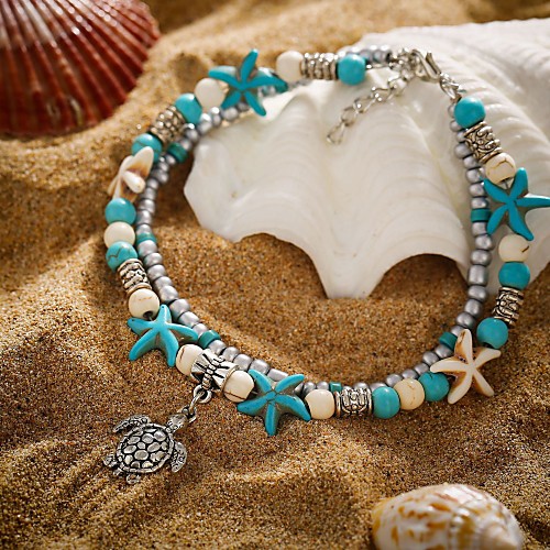 

Ankle Bracelet feet jewelry Tropical Ethnic Fashion Women's Body Jewelry For Holiday Street Double Layered Turquoise Alloy Turtle Starfish Turquoise 1pc