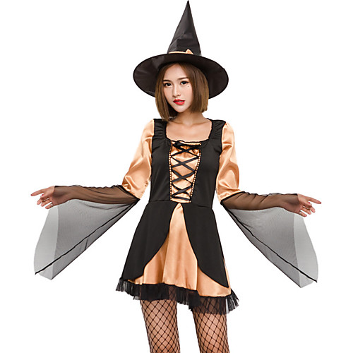 

Witch Dress Cosplay Costume Hat Adults' Women's Dresses Vacation Dress Halloween Halloween Carnival Masquerade Festival / Holiday Tulle Oxford Cloth Black Women's Easy Carnival Costumes Patchwork