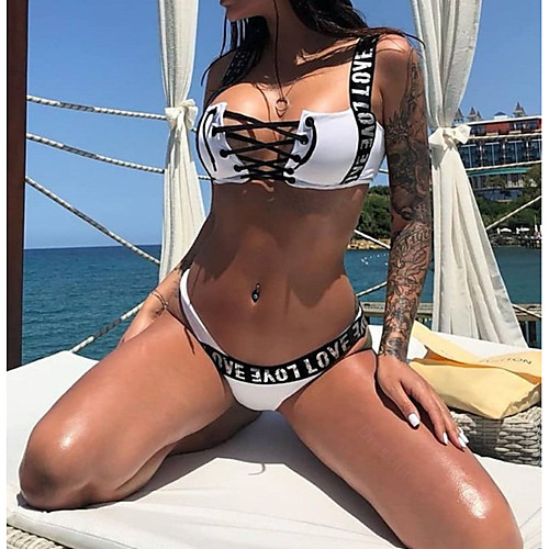 

Women's Tankini Swimsuit Lace up Letter White Black Red Swimwear Bandeau Bathing Suits