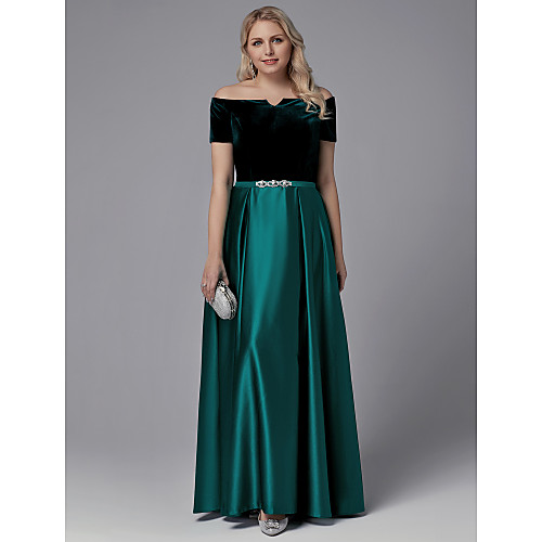 

A-Line Elegant Formal Evening Dress Off Shoulder Short Sleeve Floor Length Satin Velvet with Crystals 2021