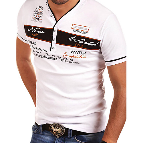 

Men's T-shirt Graphic Letter Print Tops V Neck White Black Blue