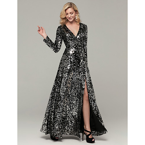

A-Line Sparkle Party Wear Formal Evening Dress V Neck Long Sleeve Floor Length Sequined with Sequin Split 2021