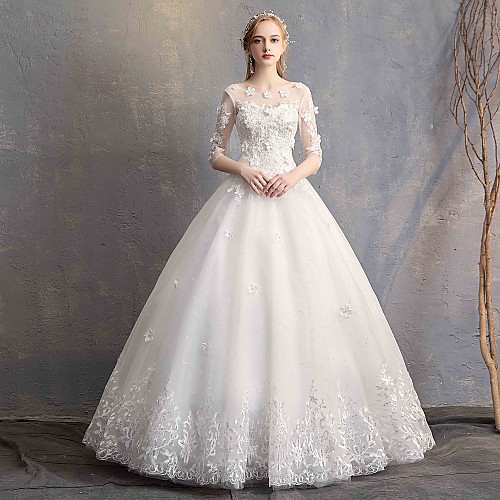 

Ball Gown Wedding Dresses Scoop Neck Floor Length Lace Tulle Lace Over Satin Half Sleeve Country Vintage Illusion Sleeve with Appliques 2021