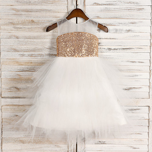 

A-Line Tea Length Wedding / First Communion / Pageant Flower Girl Dresses - Tulle / Sequined Sleeveless Jewel Neck with Belt