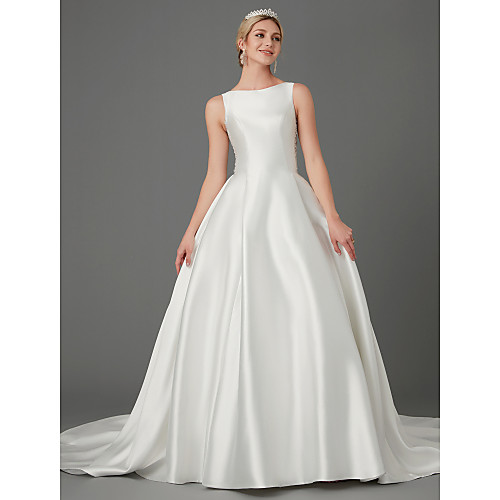 

Princess Wedding Dresses Jewel Neck Court Train Lace Satin Sleeveless Elegant with Bow(s) Buttons Appliques 2021