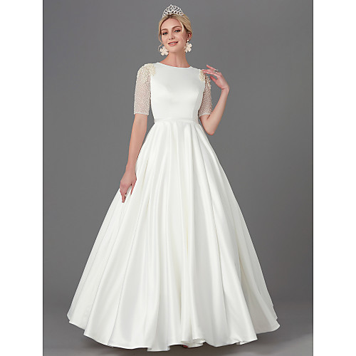 

A-Line Wedding Dresses Jewel Neck Floor Length Satin Half Sleeve with Sash / Ribbon Buttons Beading 2021
